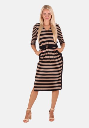 Striped knee-length dress in beige and black, featuring a V-neck, three-quarter sleeves, and a belted waist with pockets. Smooth texture, casual fit.
