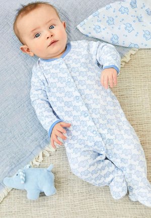 Lichtblauwe baby romper met een olifantenpatroon, drukknoopjes en blauwe rand, in combinatie met een zachtblauwe olifantknuffel op een gestructureerde deken.