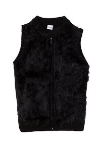 Chaleco de piel sintética negra con cuello de punto y bolsillos laterales, con cierre frontal de cremallera y superficie texturizada y suave.