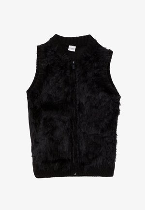 Chaleco de piel sintética negra con cuello de punto y bolsillos laterales, con cierre frontal de cremallera y superficie texturizada y suave.