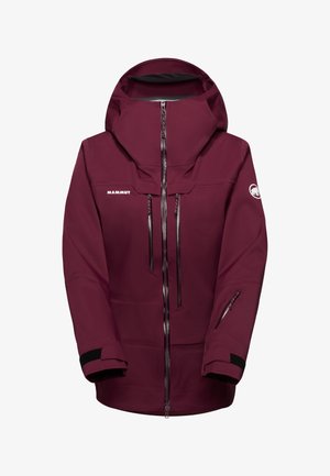 Giacca impermeabile bordeaux con colletto alto, cappuccio regolabile, tasche con cerniera e polsini elastici con regolazione in velcro.