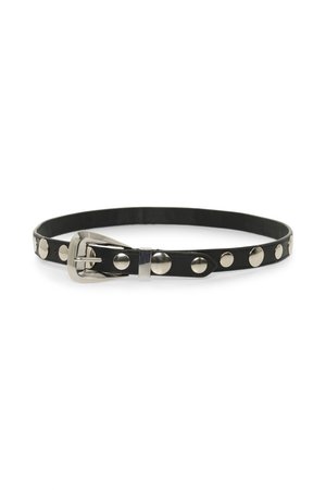 Black leather belt with silver metal studs and a rectangular silver buckle, featuring a smooth texture and a classic design.
