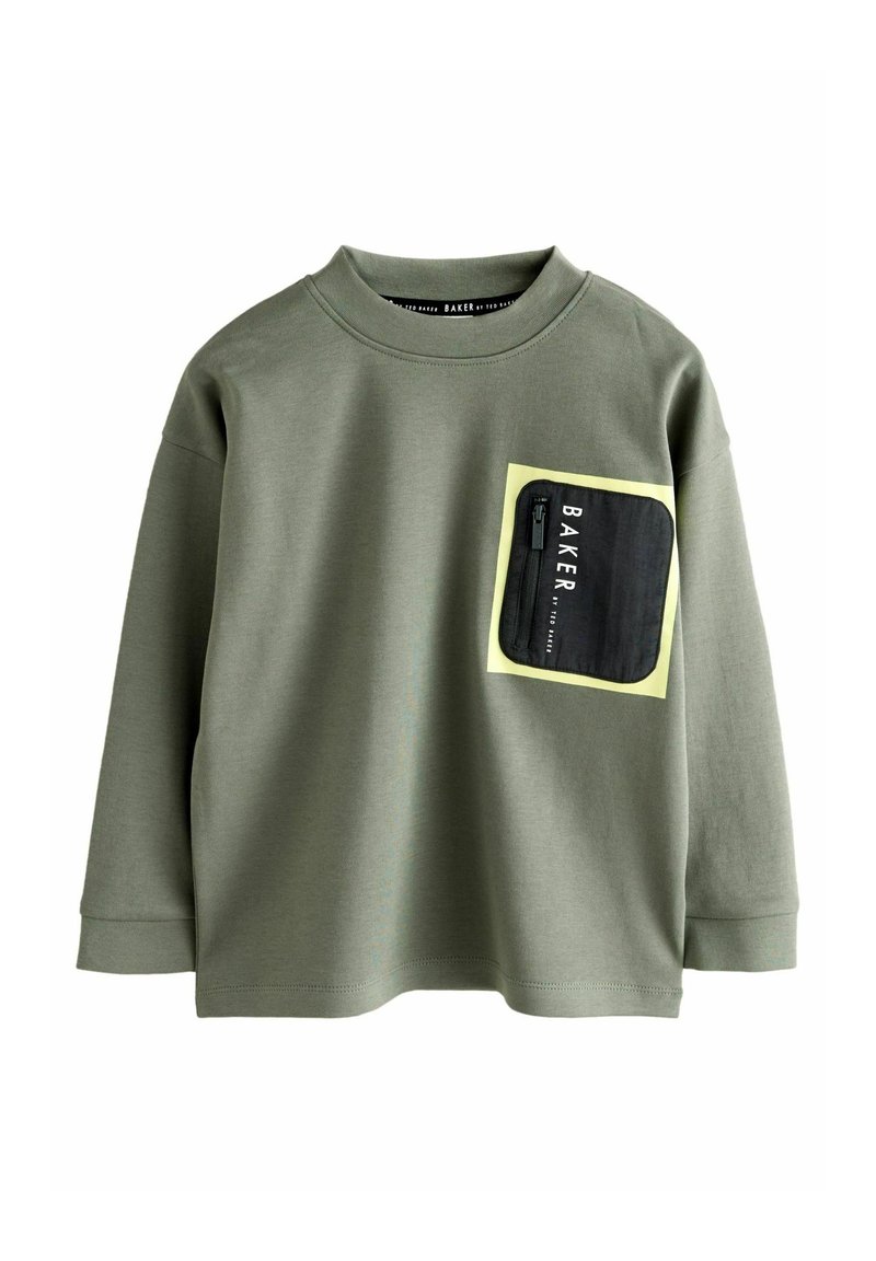 Olijf groene sweatshirt met lange mouwen en een ronde hals, met een zwarte ritszak omrand met neon geel en bedrukte tekst. Zacht materiaal.