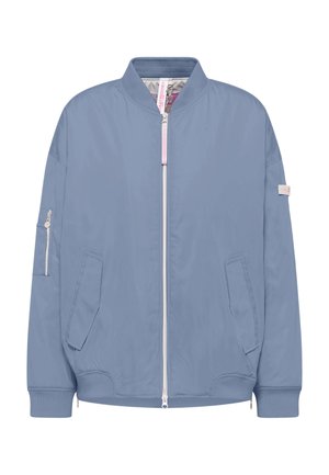 Light blue bomber jacket with front zipper, two angled front pockets, zippered sleeve pocket, and ribbed cuffs and collar.