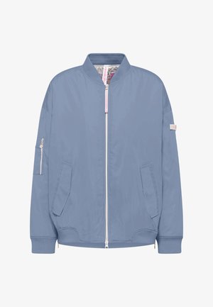 Light blue bomber jacket with front zipper, two angled front pockets, zippered sleeve pocket, and ribbed cuffs and collar.