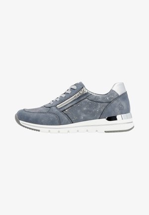 Blue suede sneaker with silver accents, featuring a side zipper, rounded toe, and textured surface. White sole with grey detailing.