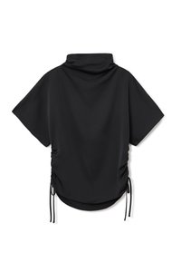 Top nero a maniche corte con alta scollatura, caratterizzato da lati arricciati e coulisse sull'orlo per una vestibilità regolabile. Tessuto morbido.