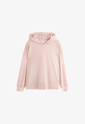 Hellrosa Hoodie mit langen Ärmeln, einer Fronttasche und dezentem, besticktem Text nahe dem Halsausschnitt vor weißem Hintergrund.