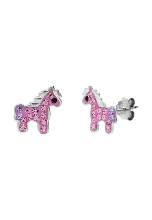 Zilveren oorstekers in de vorm van roze paarden, versierd met roze en paarse strass-steentjes en zwarte ogen.