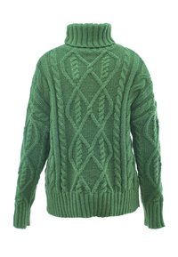 Maglione verde lavorato a maglia con colletto alto, caratterizzato da intricati motivi a treccia e polsini e orlo a coste per una maggiore texture e calore.