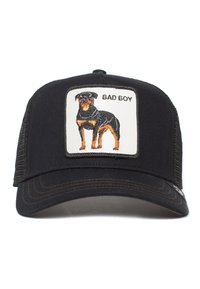 Black baseball cap with a mesh back, featuring an embroidered patch of a Rottweiler and the text "BAD BOY" above the image.