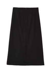 Gonna nera, lunga fino al ginocchio, con una silhouette dritta, caratterizzata da una zip nascosta sul retro e da sottili pieghe in vita. Tessuto liscio.