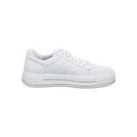 White low-top leather sneaker with lace-up front, padded collar, and thick rubber sole featuring subtle horizontal grooves.