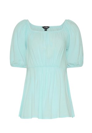 Blusa azzurro chiaro con scollo quadrato, maniche corte a sbuffo, tessuto arricciato in vita e sul corpetto, e parte inferiore fluente.