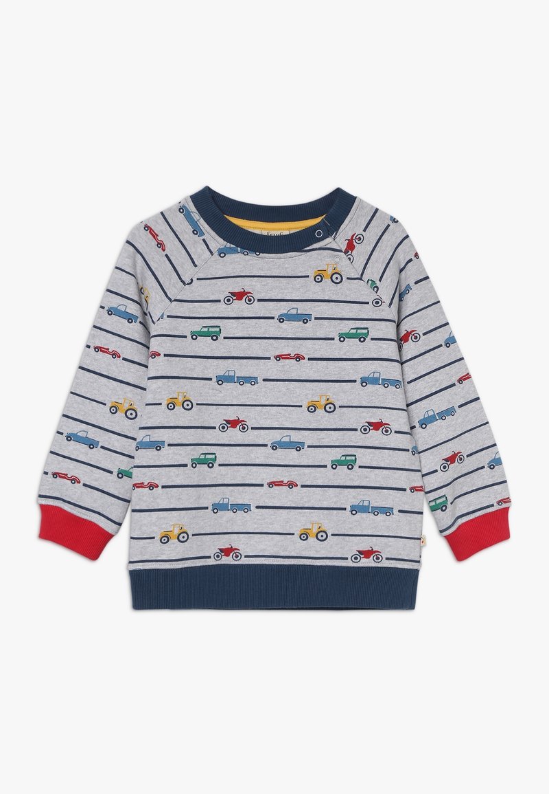 Gray children's sweatshirt with blue stripes, featuring small colorful vehicle prints and red cuffs, navy blue collar and hem.