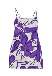 Lila blümchenmuster Kleid mit dünnen Trägern, aus leichtem Stoff. Hat einen weißen Hintergrund und schwarze Umrisse von Blumen.