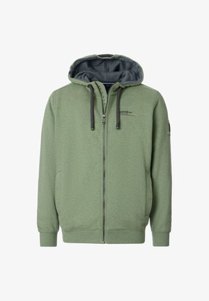 Grüne Zip-Hoodie mit einer weichen Textur, Zugbändern und einer grau gefütterten Kapuze; verfügt über Seitentaschen und ein kleines Markenlogo auf der Brust.
