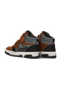 High-top sneakers with brown suede, grey fabric, black accents, dual Velcro straps, and white rubber soles viewed from rear and side angles.