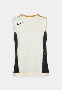 Moška športna brezrokavnika s kremno barvo, črnimi stranicami in zlatimi detajli. Narejena iz zračnega mrežastega blaga. Nike logotip na prsih.