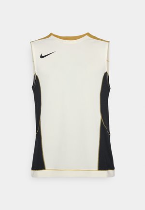 Maillot de sport sans manches pour homme avec un corps crème, des côtés noirs et des accents dorés. Conçu en tissu en maille respirant. Logo Nike sur la poitrine.