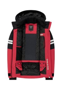 Giacca da sci rossa e nera con cappuccio staccabile, numerose tasche e strisce orizzontali bianche. Interno foderato con tessuto testurizzato.