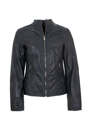 Schwarze Kunstlederjacke für Frauen mit Frontreißverschluss und Reißverschlusstaschen an den Seiten, ausgestattet mit Stehkragen und langen Ärmeln.