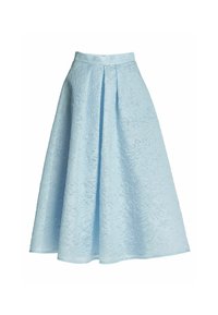 Jupe midi trapèze bleu clair avec texture jacquard florale et plis à l'avant, dotée d'une ceinture cintrée.