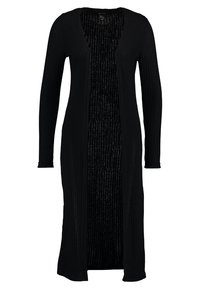 Black ribbed long cardigan with an open front, long sleeves, and soft, textured fabric. Accented with a contrasting inner lining.