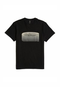Camiseta de algodón negra con un diseño gráfico que presenta el texto en capas "G-STAR" en tonos blancos y grises, cuello redondo y mangas cortas.