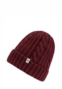 Burgundy knitted beanie with a ribbed cuff and cable pattern, made of soft material, featuring a small logo patch on the side.