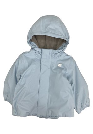 Giacca invernale per bambini azzurro chiaro con cappuccio, polsini elastici e fodera morbida visibile all'interno del cappuccio, chiusura frontale con bottoni nascosti.