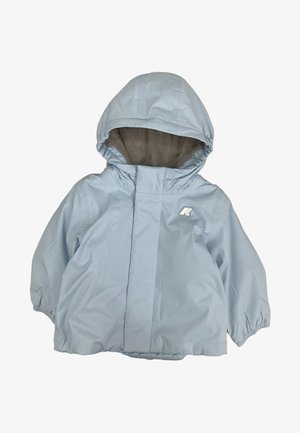 Giacca invernale per bambini azzurro chiaro con cappuccio, polsini elastici e fodera morbida visibile all'interno del cappuccio, chiusura frontale con bottoni nascosti.