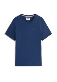 T-shirt blu navy a maniche corte con piccolo logo Tommy Jeans sul lato sinistro del petto e dettaglio a righe all'interno del colletto.