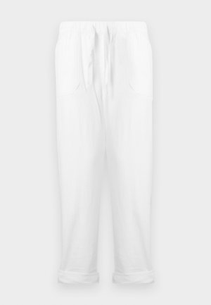 Άσπρο casual παντελόνι με ελαστική μέση, εμπρόσθιες τσέπες και γυρισμένες μανσέτες, απεικονισμένο σε απλό ανοιχτό φόντο.