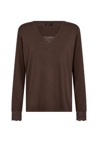 Maglietta marrone a maniche lunghe con scollo a V e dettagli in pizzo nel colletto e nei polsini; texture liscia, vestibilità casual.