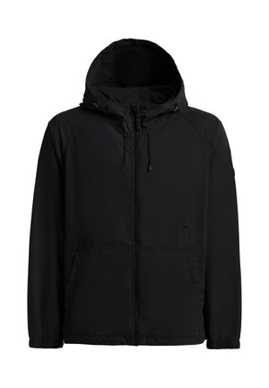 Melna kapuce ar rāvējslēdzēju priekšpusē, kapuces auklu, elastīgām aprocēm un divām priekšējām kabatām.