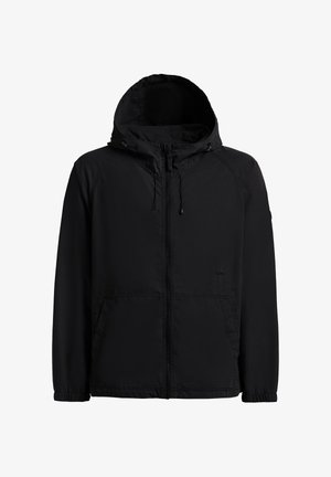 Black hooded jacket with front zipper, drawstring hood, elastic cuffs, and two front pockets.