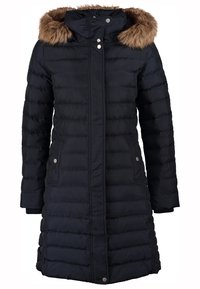 Zwarte, gewatteerde parka met een afneembare bontgevoerde capuchon, ritssluiting en drukknoopsluiting; heeft zijzakken en geribbelde manchetten.