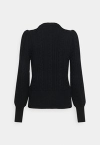 Black knitted sweater featuring a cable pattern, long puff sleeves, and a ribbed hem. The back showcases the same design as the front.