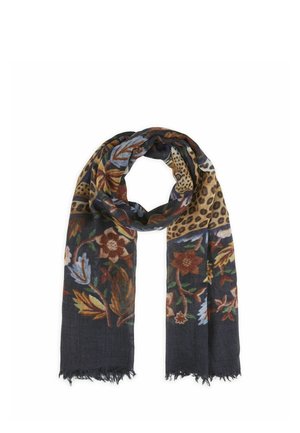 Dark scarf with floral and leopard print patterns, featuring autumn colors and frayed edges at both ends.