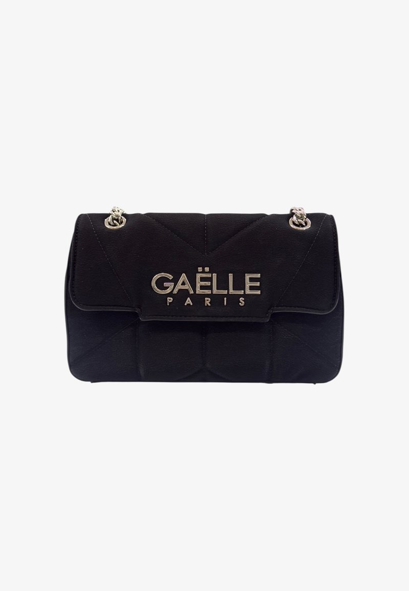 Borsa a spalla nera trapuntata con catene argentate e logo "GAËLLE PARIS" in argento sul risvolto frontale.
