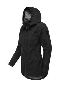 Veste d'extérieur noire avec capuche, dotée d'une fermeture éclair, de poches latérales et de cordons de serrage réglables, fabriquée en tissu léger.