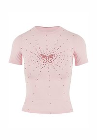 Rosa kortermet skjorte med en tettsittende design. Har et sommerfuglmotiv i røde rhinestones, omkranset av mindre røde steiner i et strålende mønster.