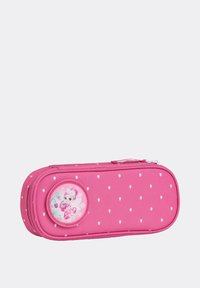 Trousse à crayons rectangulaire rose avec des pois blancs et une illustration circulaire de fée sur le devant, dotée d'une fermeture éclair.