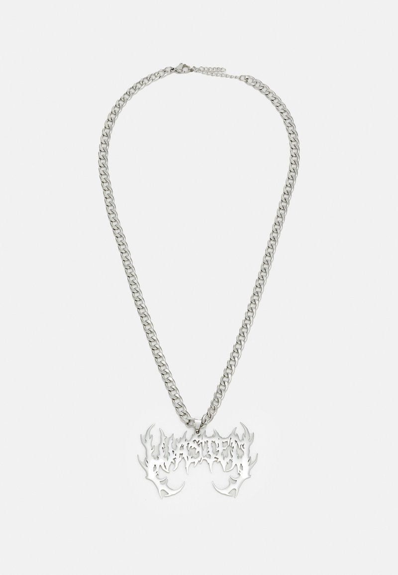 Silver chain necklace featuring a stylized pendant with flame-like accents and the word "WASTED" in an intricate font.