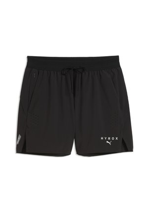 Czarne sportowe szorty z troczkiem w pasie, bocznymi kieszeniami, otworami wentylacyjnymi oraz białymi logo Hyrox i Puma na prawej nodze.