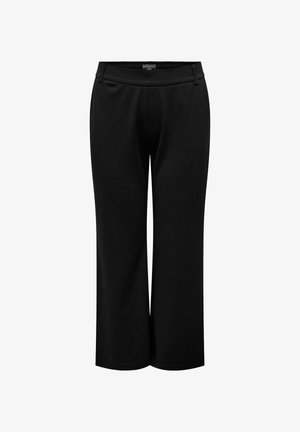 Črne široke hlače iz gladkega blaga z ravnim pasom, ki imajo stranske žepe in brez vidnih okrasnih elementov.