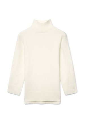 Maglione a collo alto color crema realizzato in tessuto morbido; presenta polsini e colletto a coste, con una vestibilità ampia e orlo dritto.