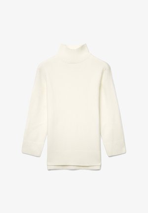 Maglione a collo alto color crema realizzato in tessuto morbido; presenta polsini e colletto a coste, con una vestibilità ampia e orlo dritto.