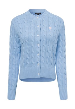 Light blue knitted cardigan with a cable pattern, round neckline, and five buttons. Features a small pink heart on the left side.